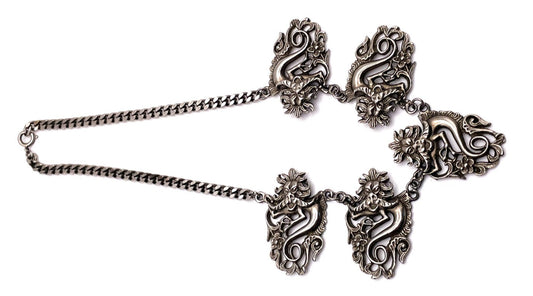 Silver Tone Five Dragon Pendant Necklace – Fantasy Statement, 16”