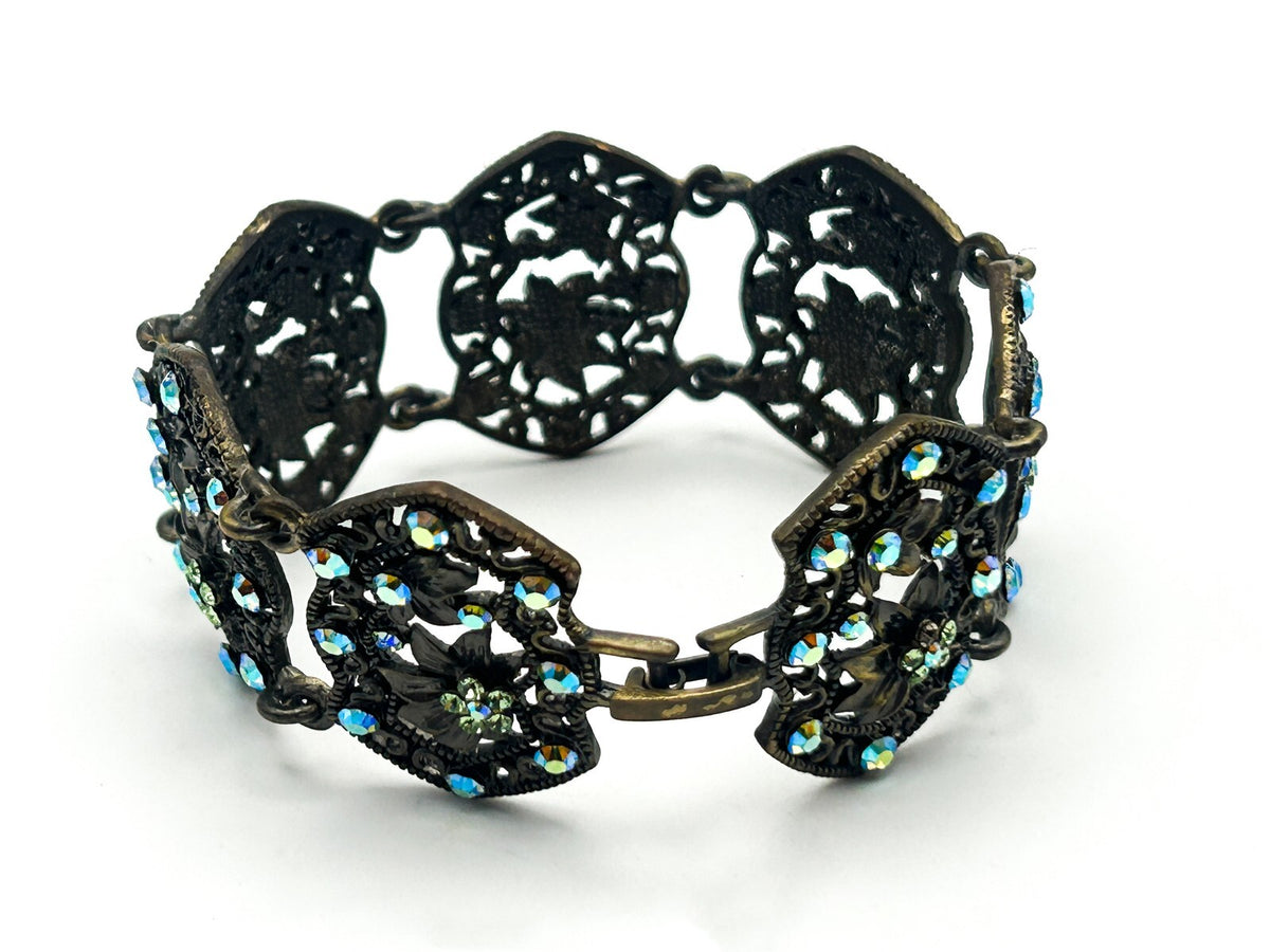 Vintage Filigree Panel Bracelet AB Rhinestone Floral Articulated 17cm