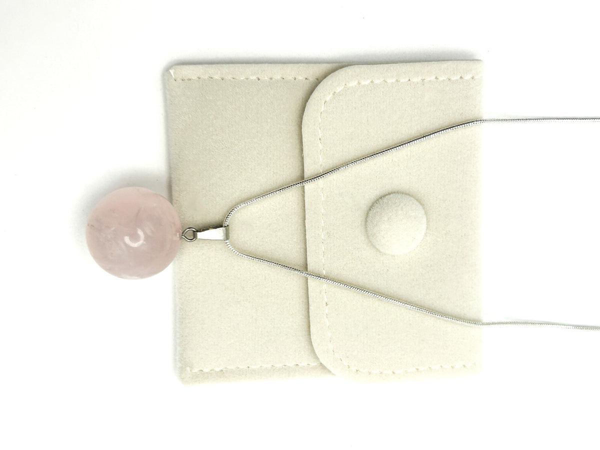 Rose Quartz Sphere Pendant Necklace on Silver Tone Snake Chain Semi Precious Gem