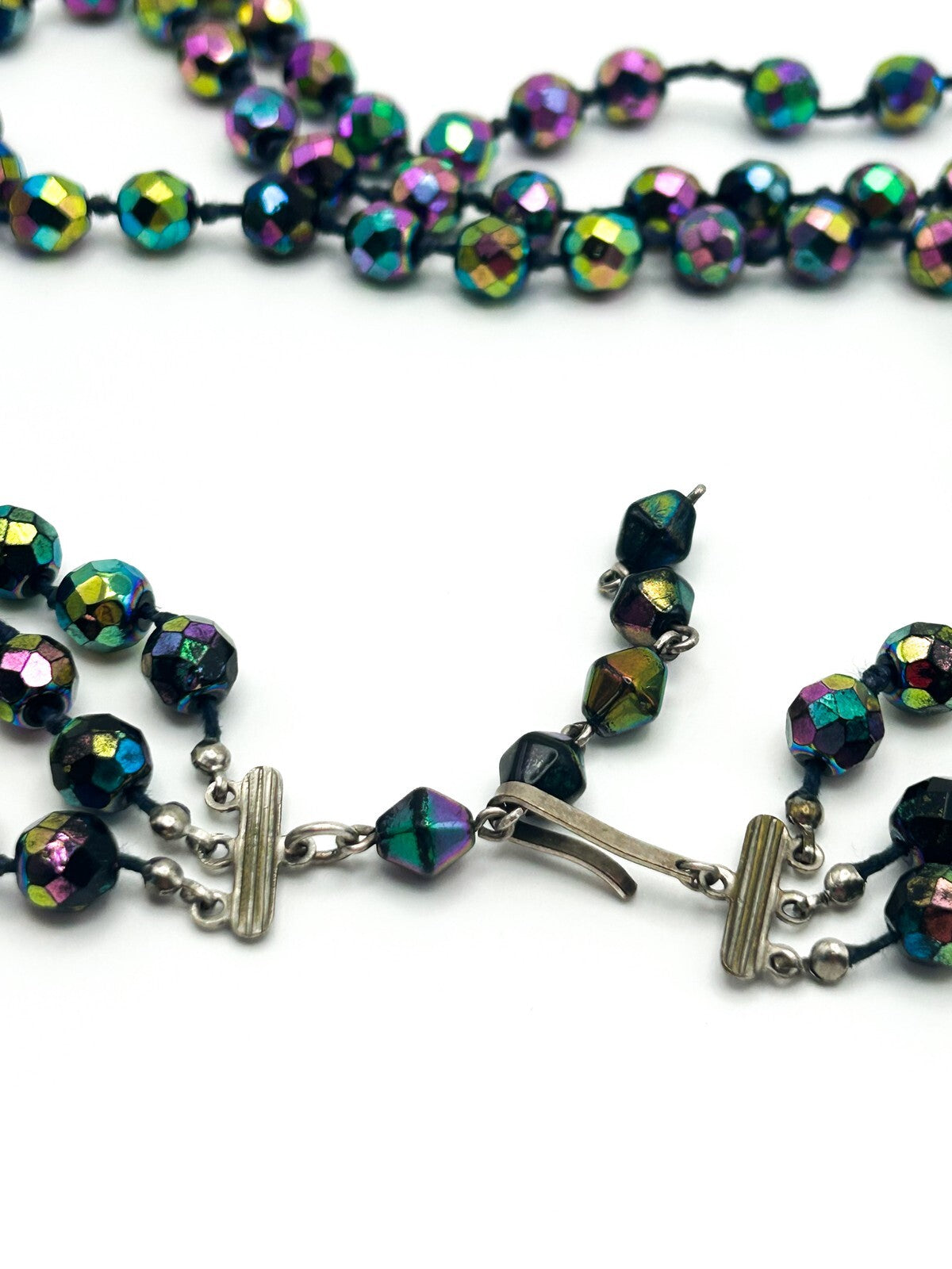 3-Layer Austrian Carnival Glass Faceted Iridescent Aurora Borealis VTG Necklace