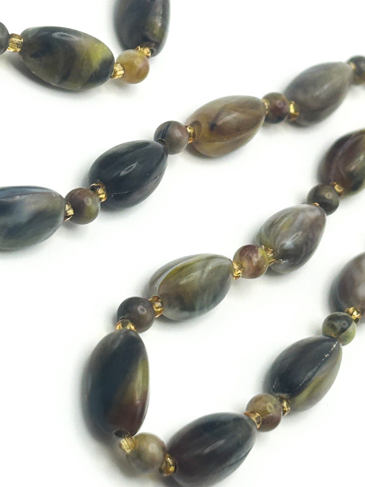 Vintage Marbled Acrylic Bead Long Necklace – Green, Mauve & Grey Tones
