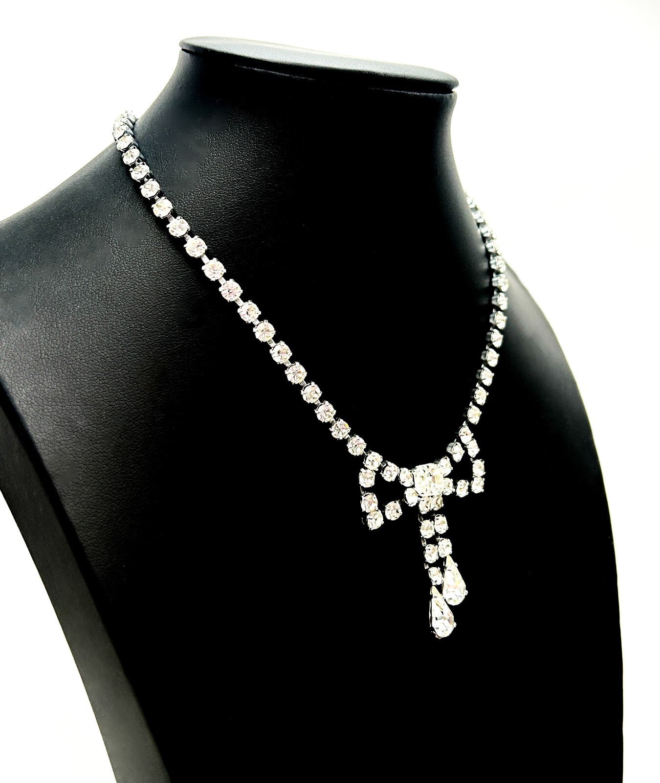 Vintage Rhinestone Bow Necklace Silver Tone Teardrop Dangle Bridal Prom
