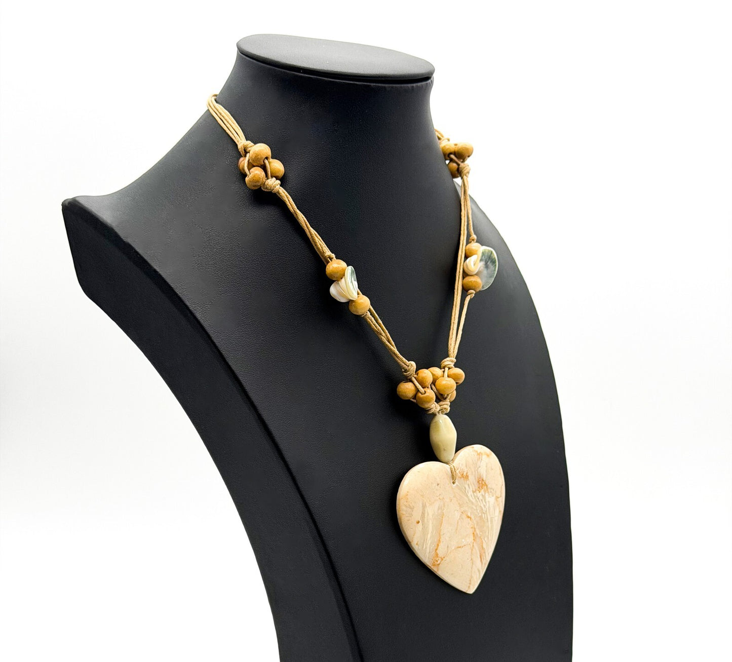 Large Cream Marble Stone Heart Pendant Necklace Multi Strand Cord 17”