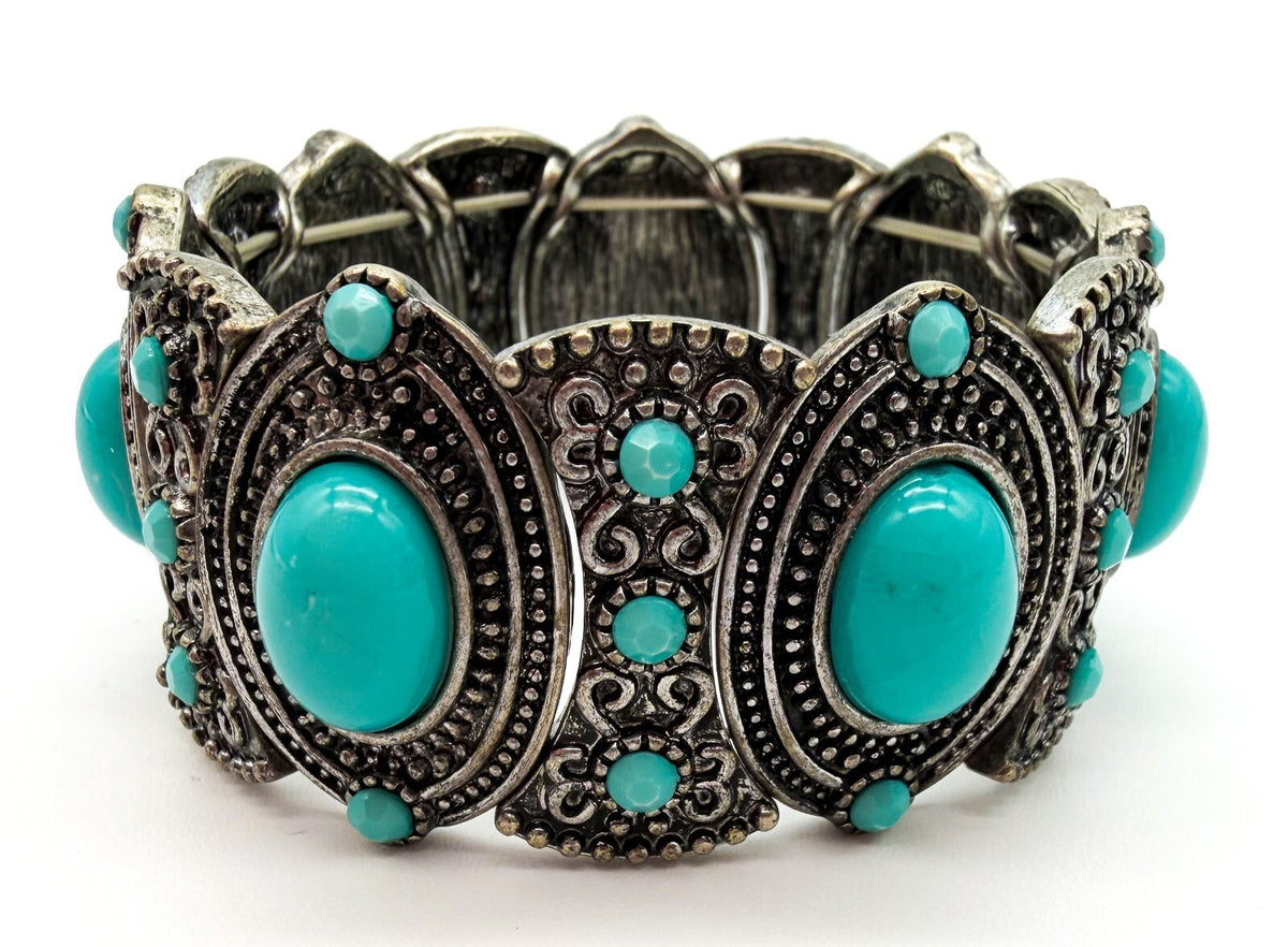Ornate Faux Turquoise Stretch Cuff Bracelet Silver Tone Statement Boho Statement