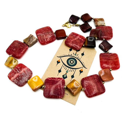 Chunky Rhodonite & Jasper Necklace - Substantial Semi-Precious Pink Gemstones