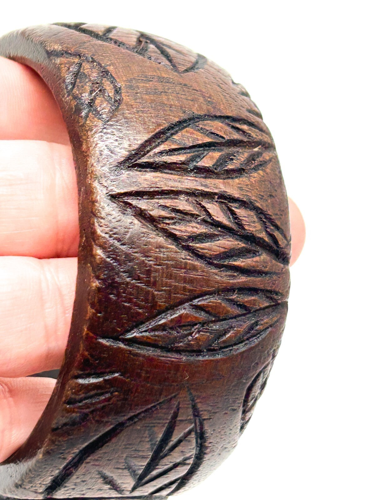 Vintage Carved Dark Wood Floral Chunky Bangle Bracelet 6.5cm Boho Natural