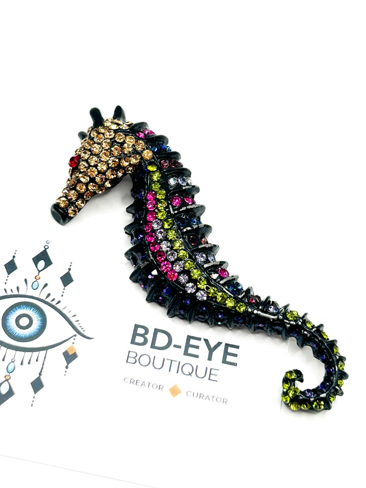 Large Rhinestone Seahorse Brooch Multicolour Figural Pendant 8.5 cm