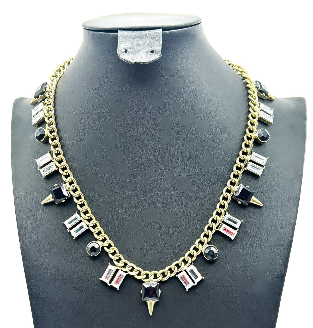 Gold Tone Curb Chain Necklace Black Clear Rhinestone Drop Charms Geometric 19”
