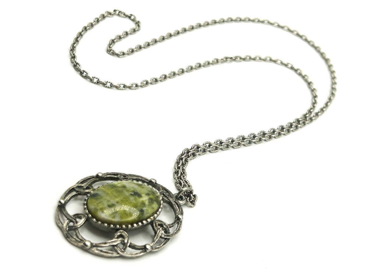Vintage Silver Tone Openwork Pendant Necklace with Serpentine Cabochon