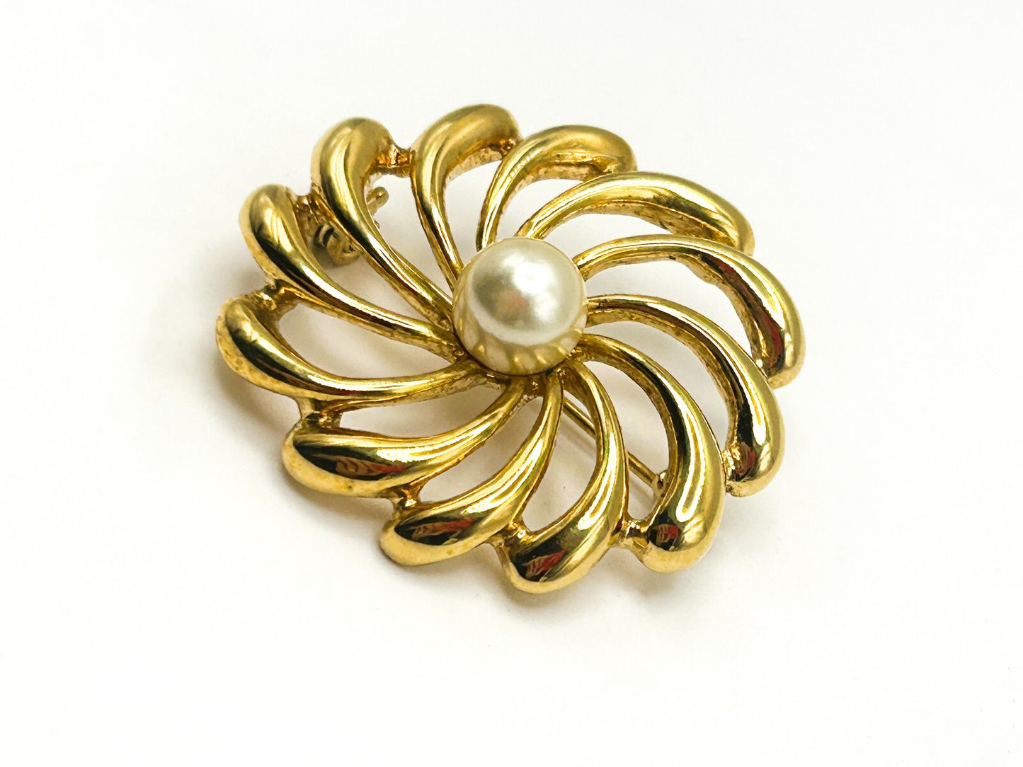 Gold Tone Spiral Flower Brooch with Faux Pearl Centre