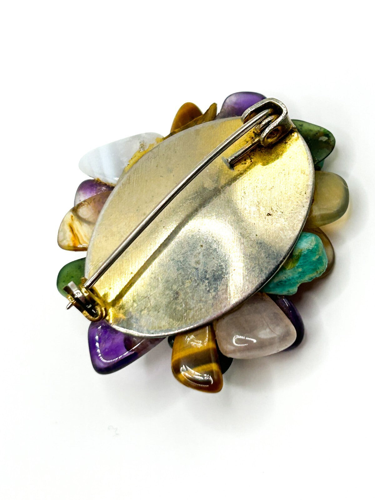 Vintage Semi Precious Gemstone Cluster Brooch Amethyst Carnelian Tigers Eye