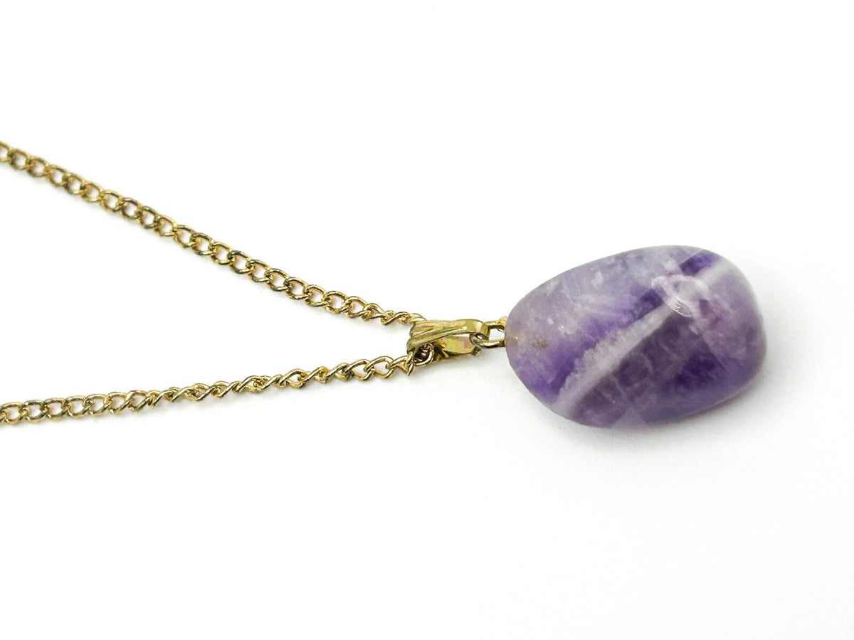 Vintage Gold Tone Chain Necklace with Tumbled Amethyst Pendant - VTG Purple Gem