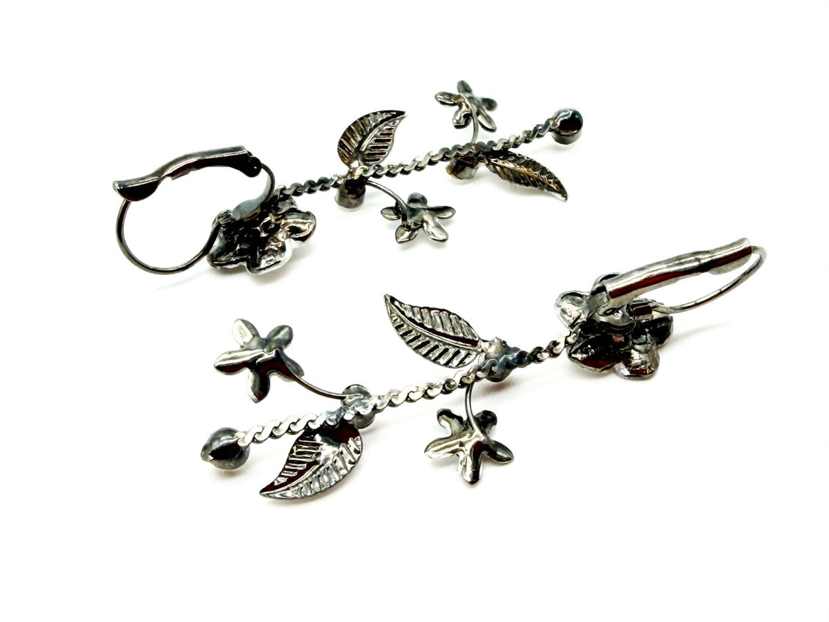 Y2K Floral Drop Earrings Silver Enamel Rhinestone Gunmetal Chain