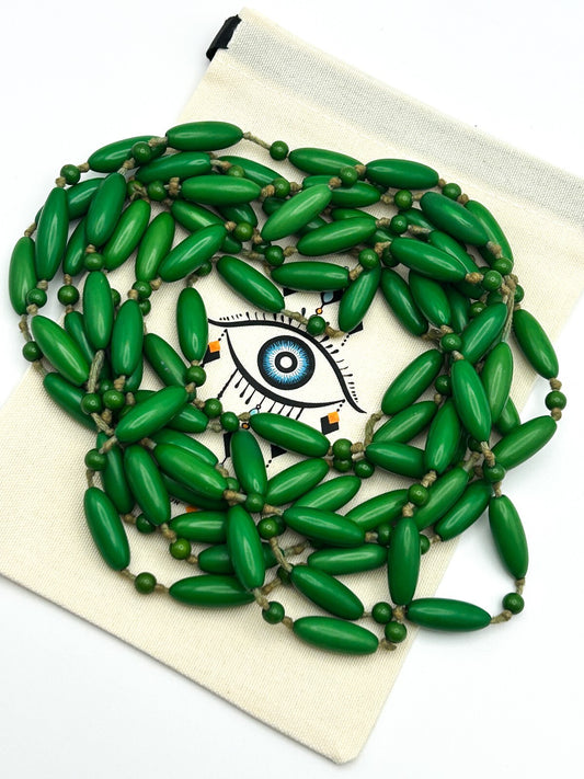 Pair of Vintage Early Plastic Green Hand-knotted Beaded Necklaces