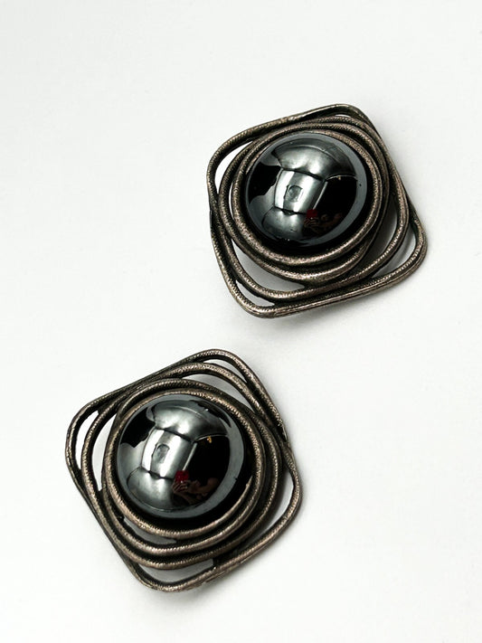 Vintage Statement Earrings Hematite Effect Domed Clip Ons 80s 90s Retro