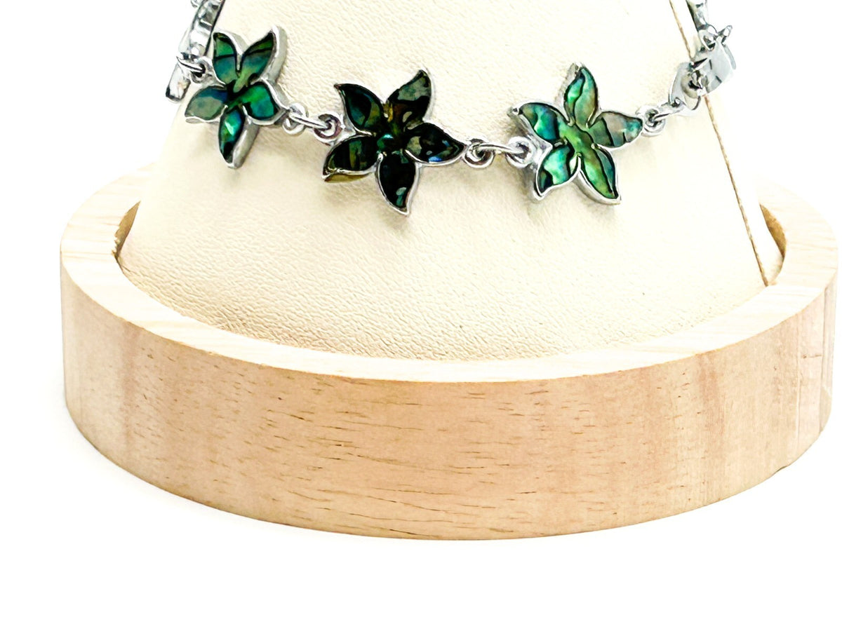 Abalone Shell Flower Bracelet Silver Tone Floral Link Bracelet 6.5”