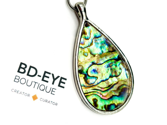 Large Abalone Shell Teardrop Pendant Necklace Snake Chain Silver Tone 17in