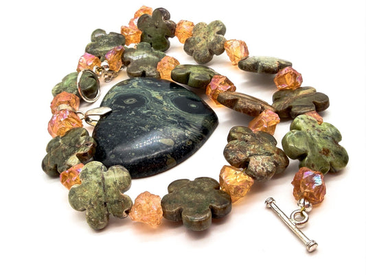 Serpentine Heart Necklace Jasper Bead Statement Chunky Green Pendant 17”