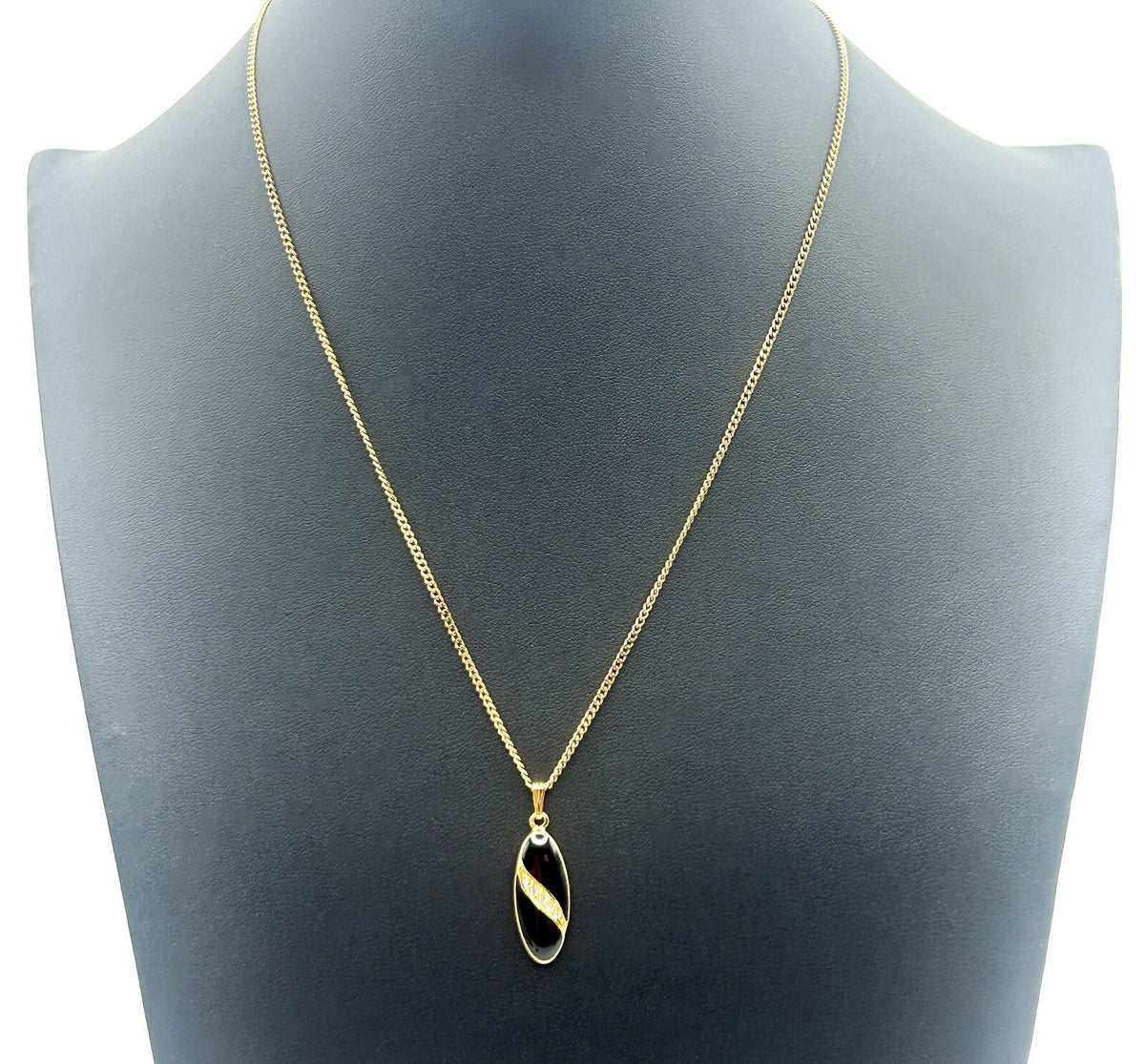 Vintage Avon Black Enamel, Rhinestone & Gold Tone Pendant Necklace 80s Style