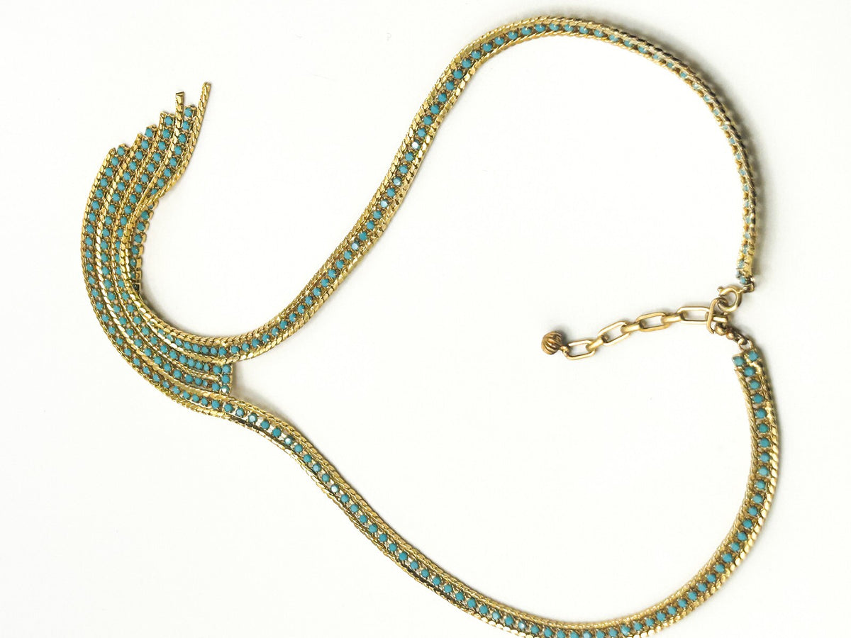 Gold Tone Turquoise Glass Lariat Necklace – Vintage Mesh Tassel Design