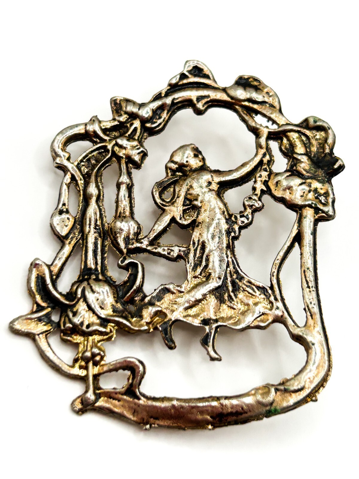 Vintage Art Nouveau Revival Lady Brooch Figural Woman Floral Openwork Gold Tone