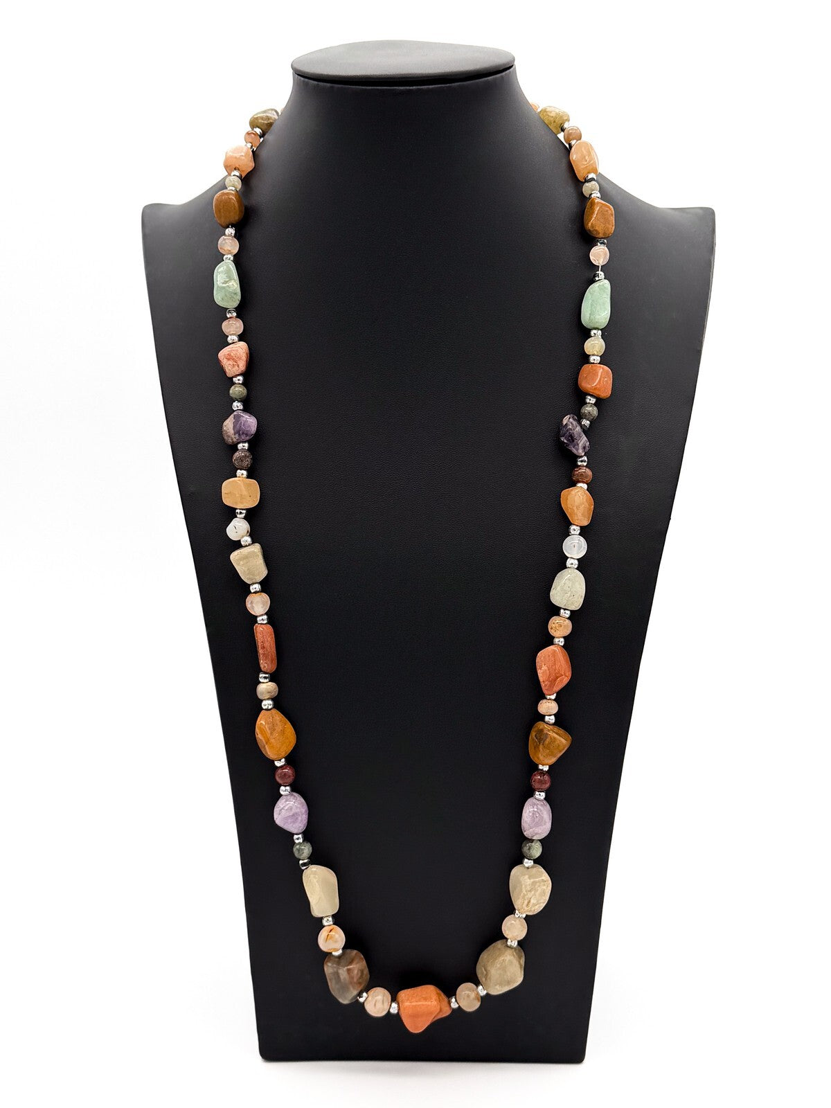 Vintage Mixed Gemstone Necklace Amethyst Citrine Jasper Quartz Nugget Strand 31”