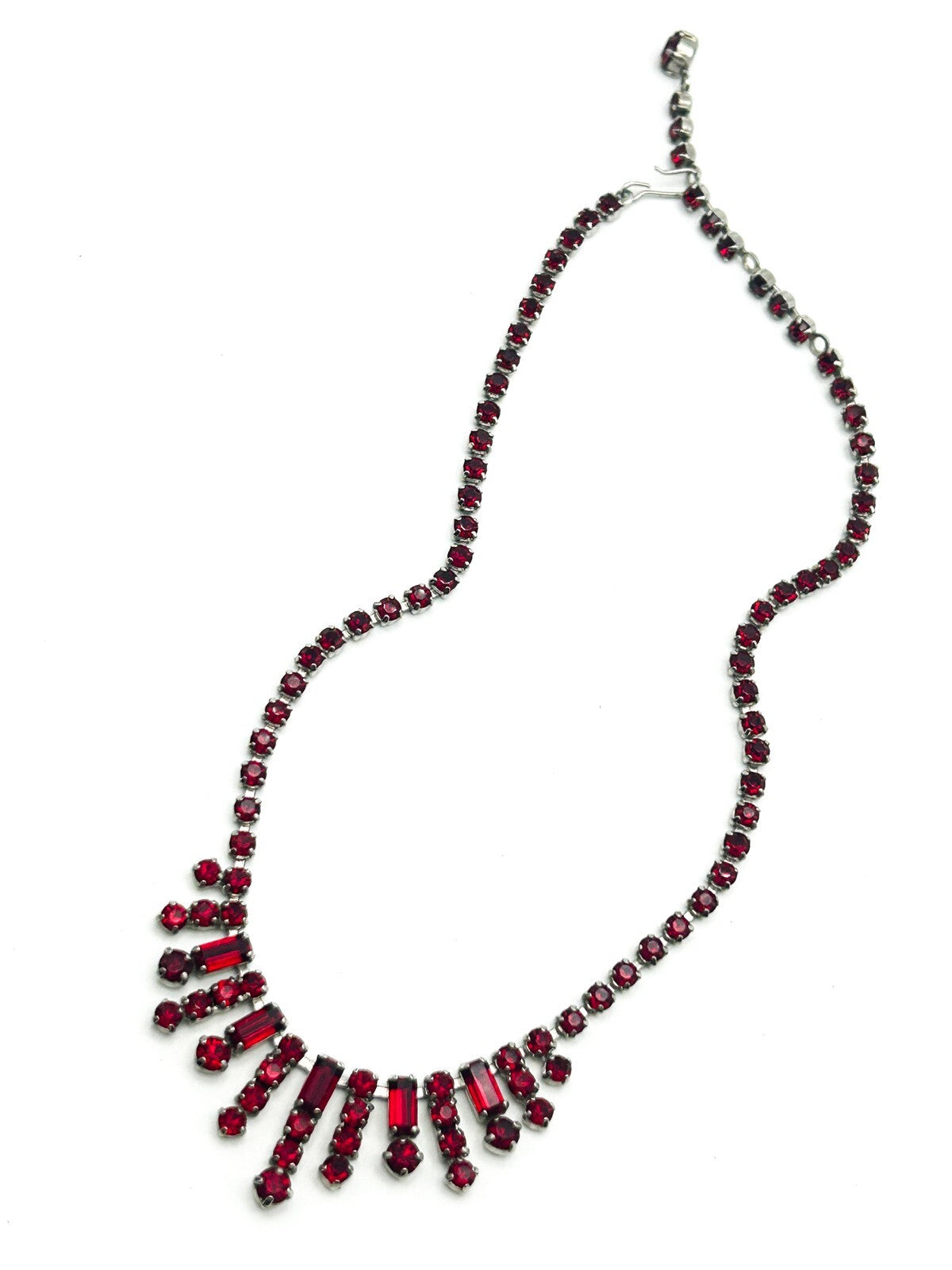 Vintage Red Rhinestone Fringe Statement Necklace Baguette Drop 14.5”