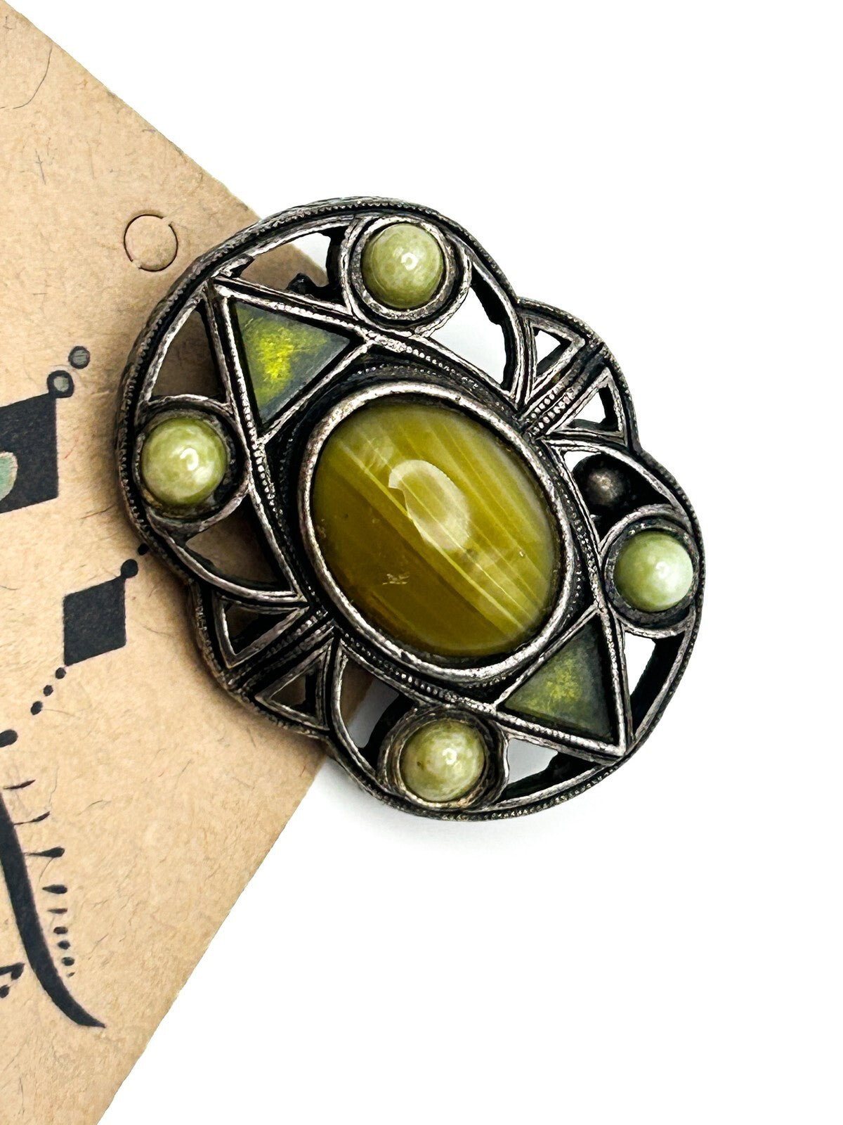 Celtic Style Green Brooch Silver Tone Cabochon Vintage Pin