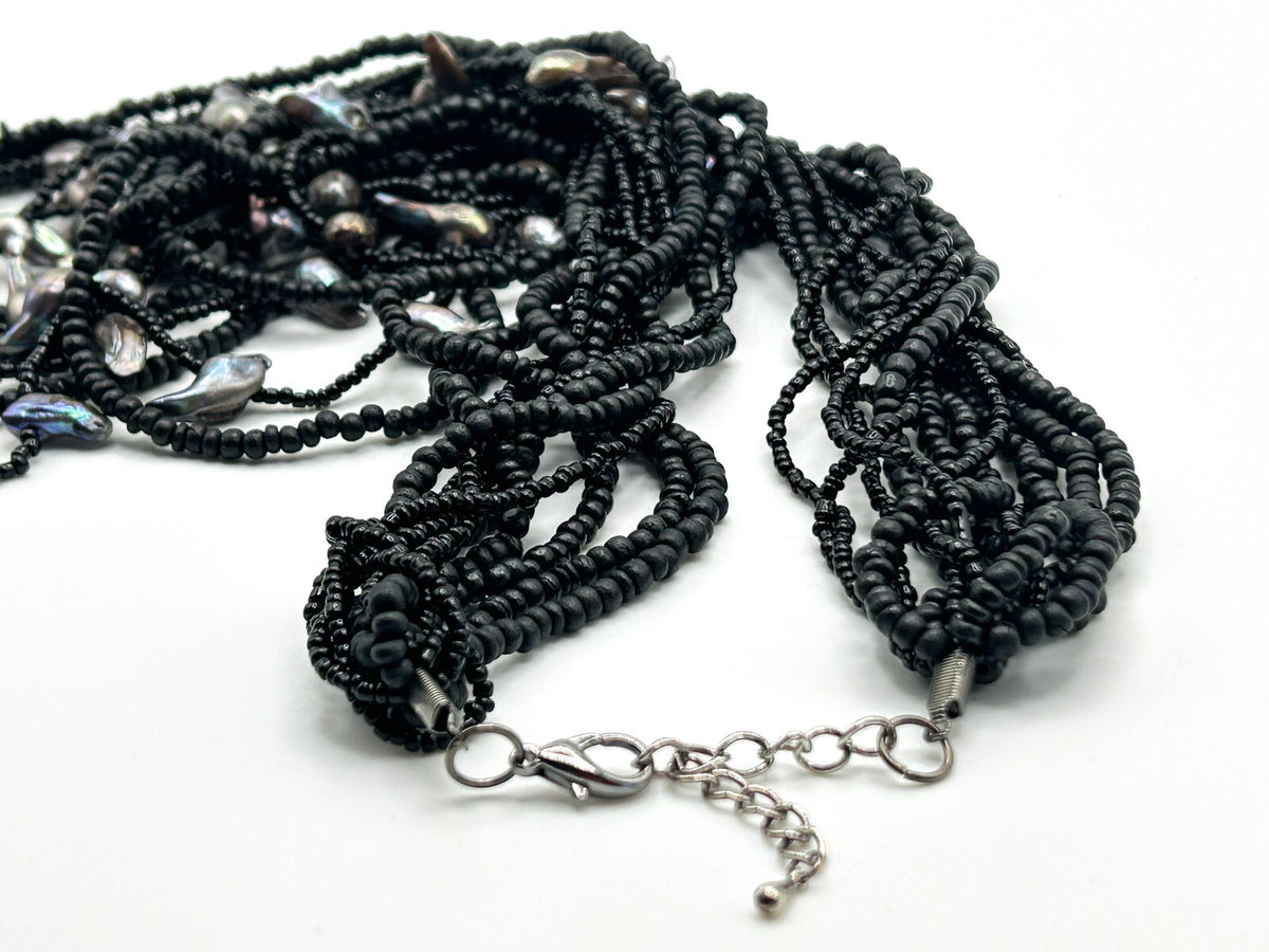12-Strand Black Glass and Wood Seed Bead Freshwater Baroque Pearl Necklace