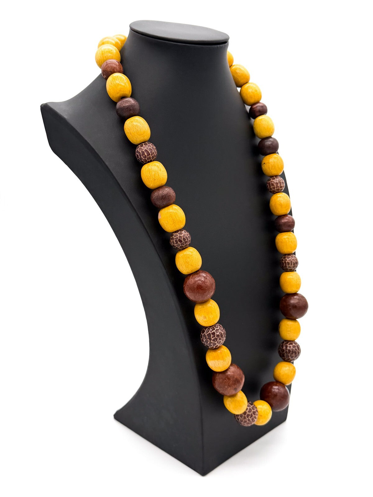 Long Wooden Bead Necklace Yellow Brown Natural Wood 30” Boho
