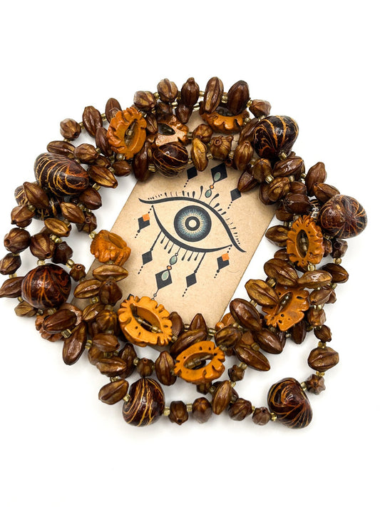 Faux Walnut & Seed Bead Necklace – 24” Vintage