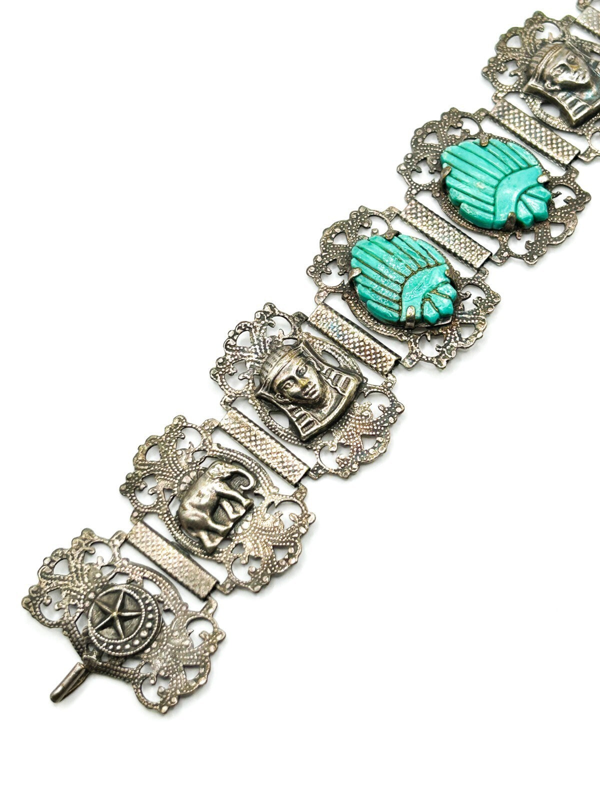 Vintage Egyptian Revival Pharaoh Scarab Panel Bracelet Turquoise Hamsa Tourist