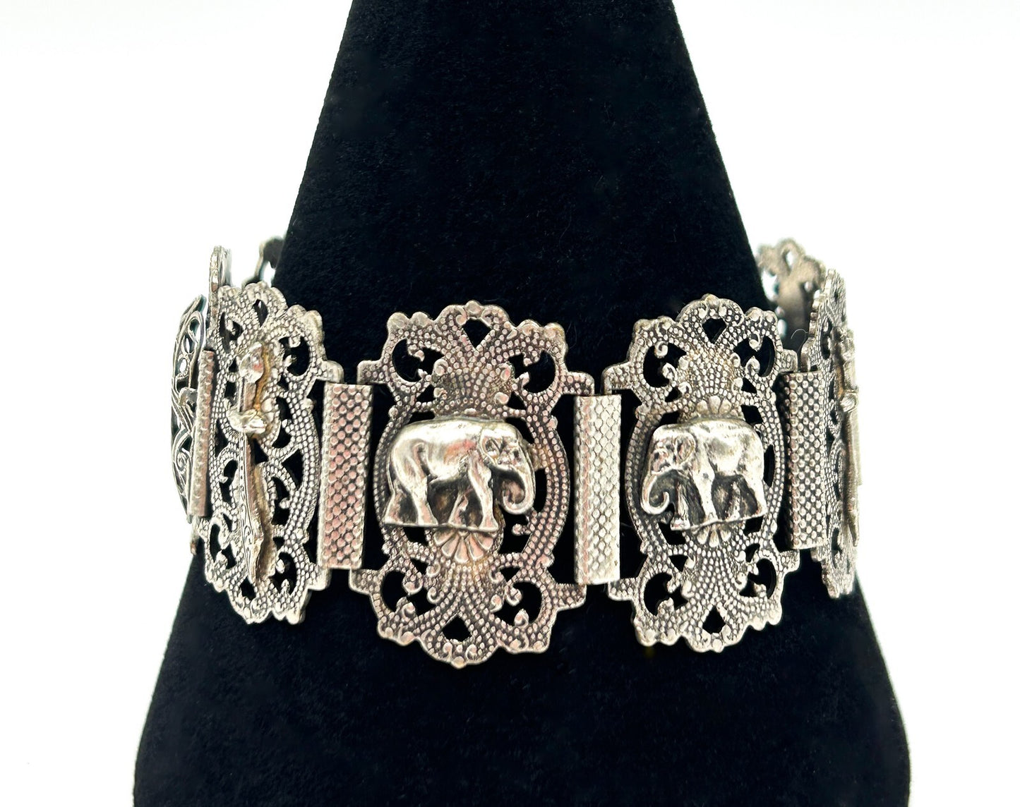 Moroccan Souvenir Silver Tone Filigree Panel Bracelet Elephant Hamsa 8.5”