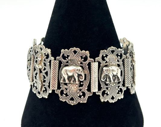 Moroccan Souvenir Silver Tone Filigree Panel Bracelet Elephant Hamsa 8.5”
