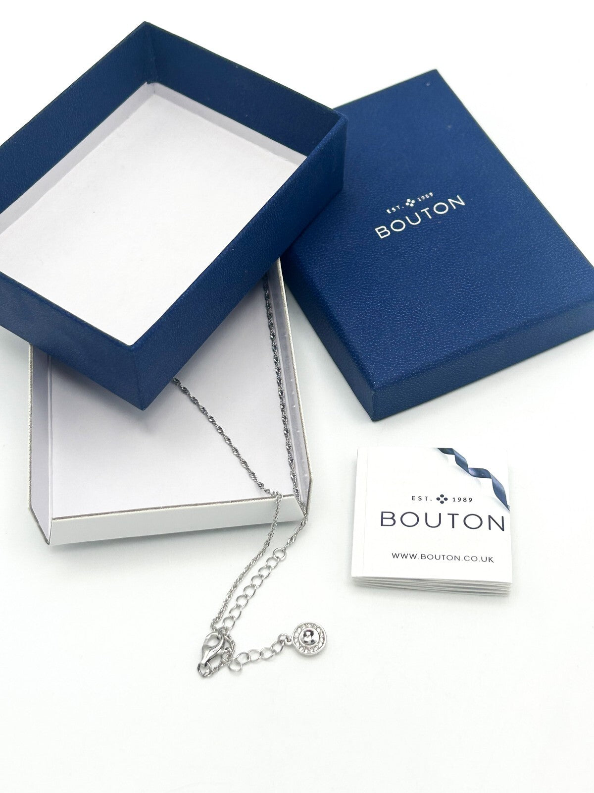 New Boxed BOUTON Rhodium-Plated Micro Pavé CZ Dainty Flower Pendant Necklace
