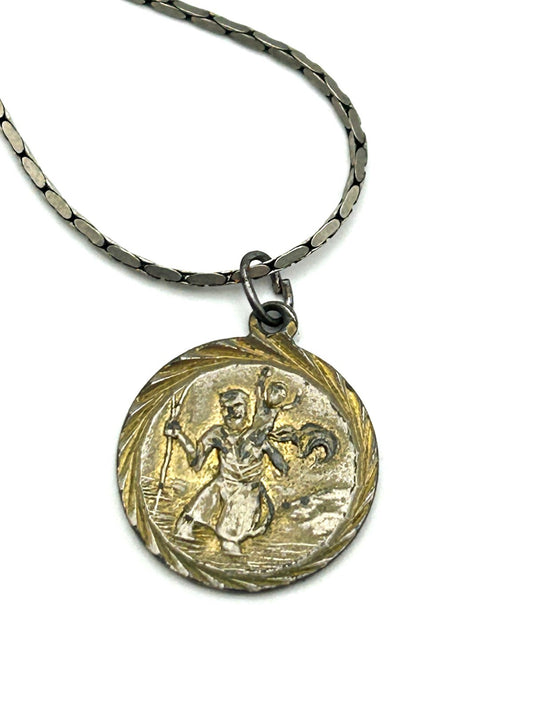 Vintage Saint Christopher Pendant Necklace on Silver Tone Chain