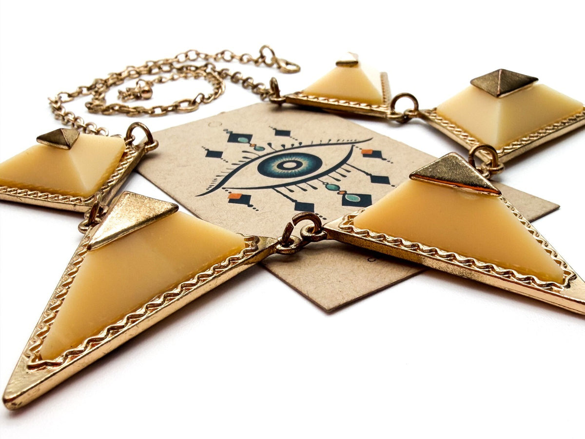Geometric Pyramid Necklace Gold Cream Statement Modern Art Deco Style