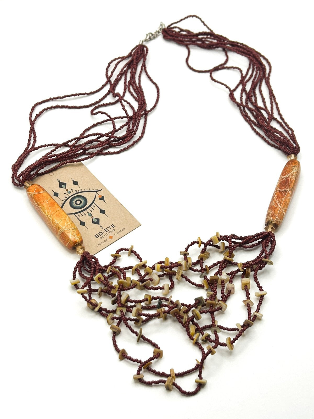 Red Multi-Strand Glass Seed Bead Necklace with Orange Drizzle Tube Beads Bogo