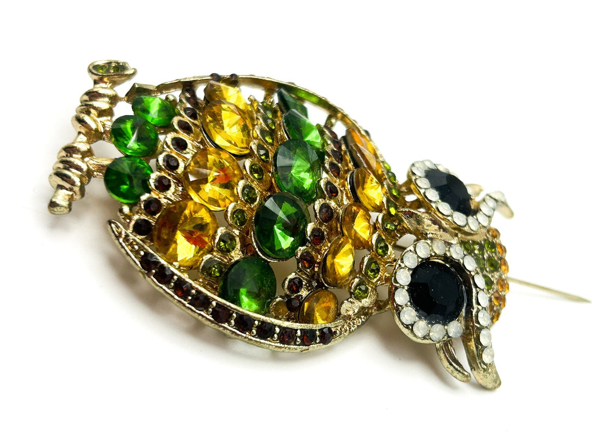 Owl Brooch Gold Tone Green Amber Rhinestone Animal Pin