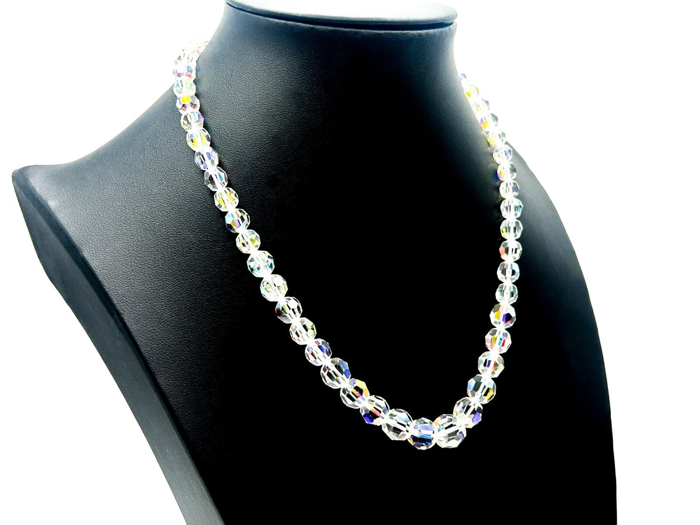 Vintage Aurora Borealis Crystal Necklace Graduated Faceted Glass 17.5” Retro
