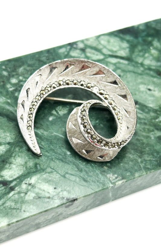 Sphinx Silver Tone Marcasite Swirl Brooch Signed Vintage Textured Pin