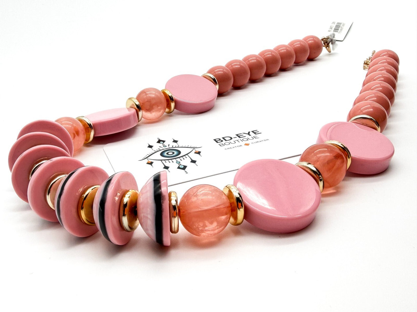 Retro Chunky Pink Acrylic Statement Necklace Disc Beads Gold Tone New w/Tag 23”