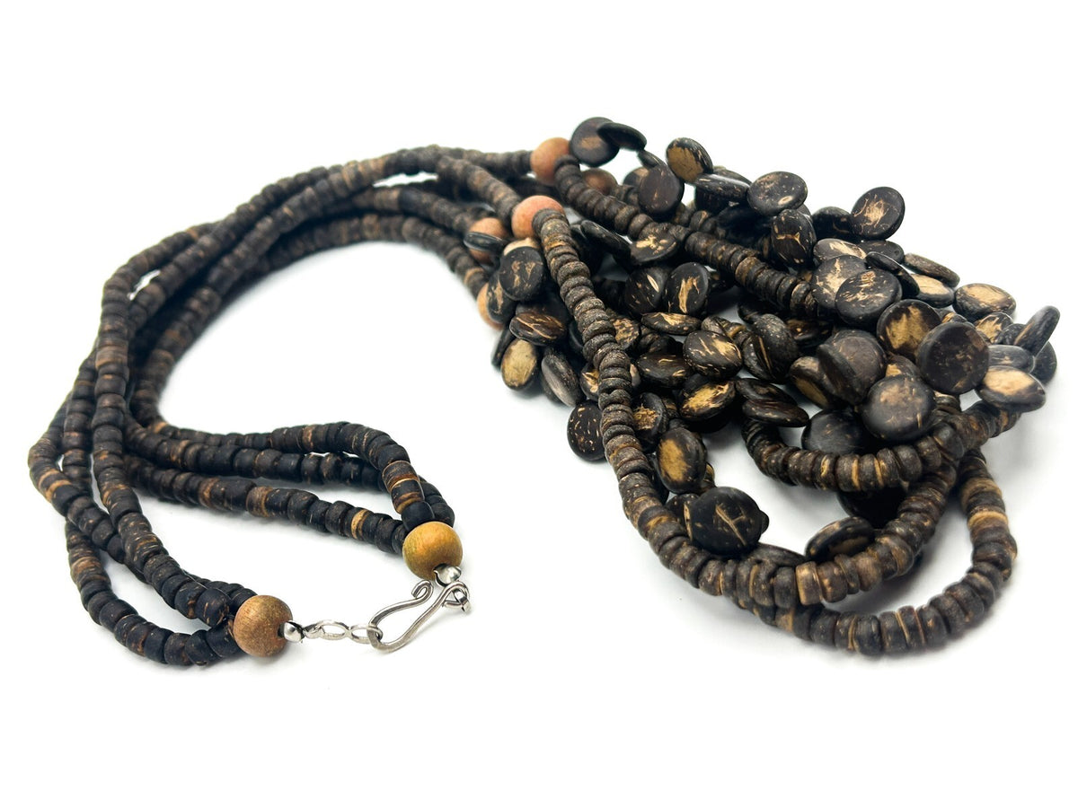 Natural Organic Coconut Shell Discs Layered Necklace Wood Accent Beads