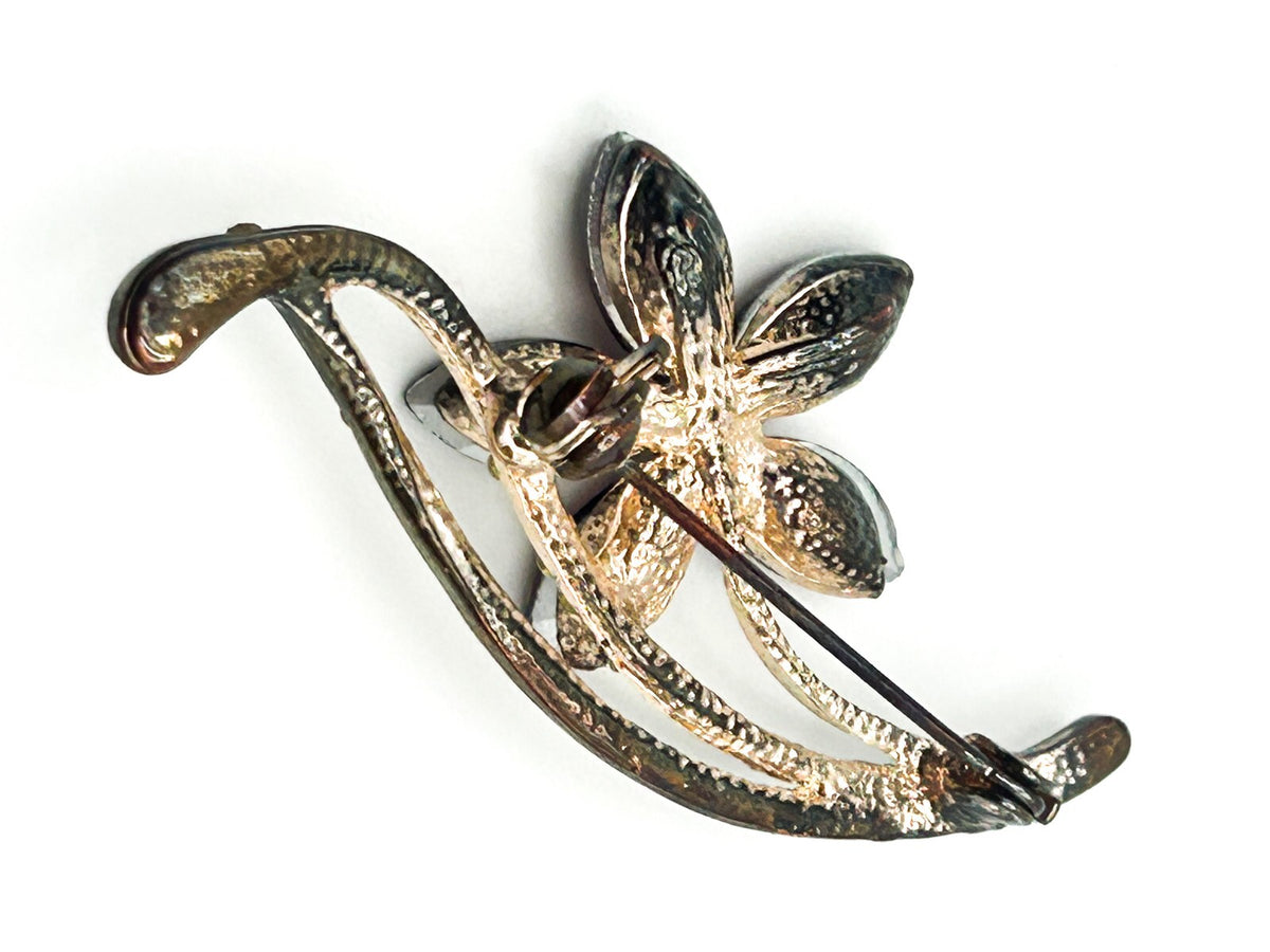 Vintage Purple Rhinestone Flower Brooch with Clear Pavé Leaf Detail