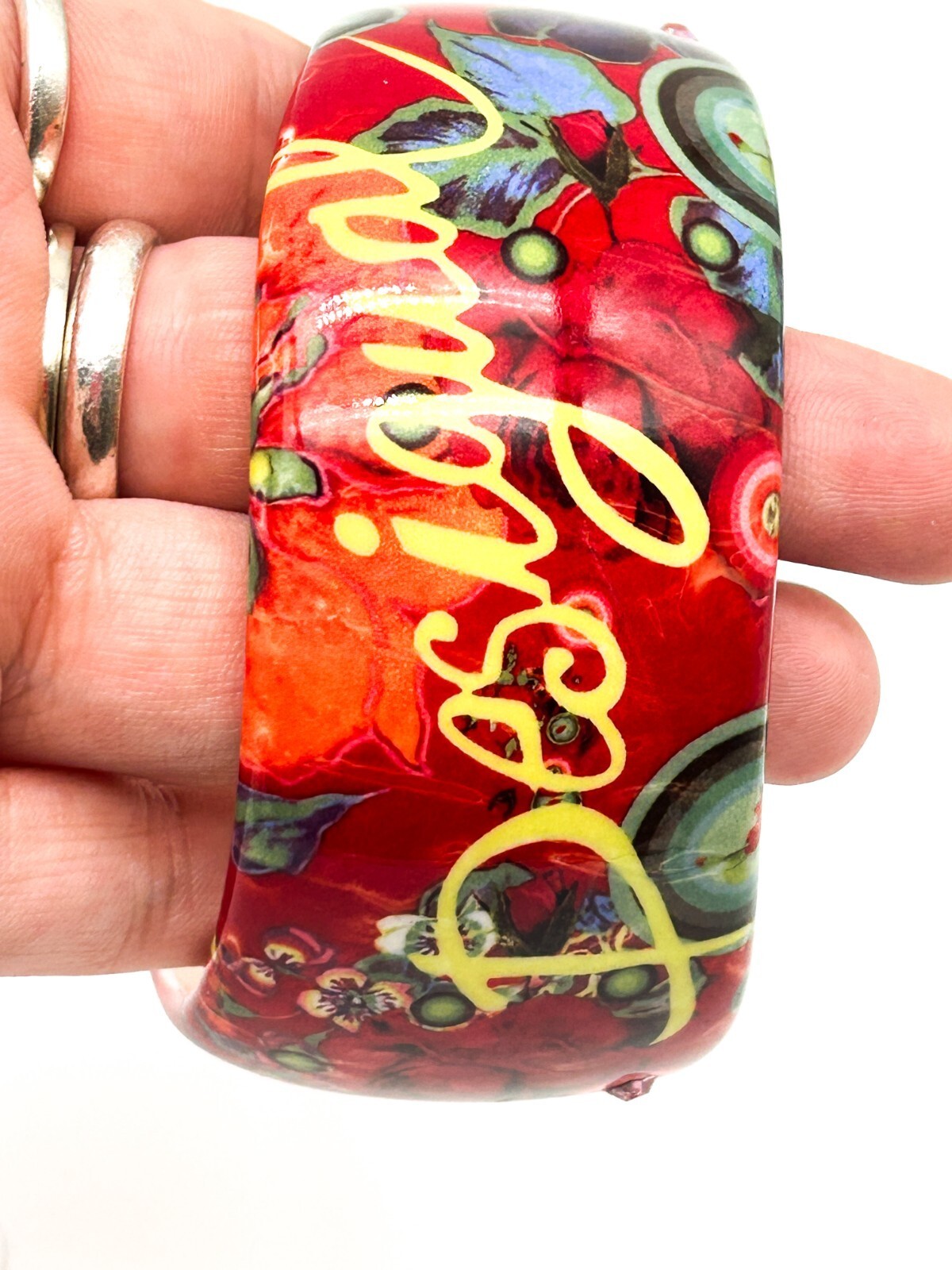 Desigual Floral Acrylic Bangle Red Orange Rhinestone Wavy Statement Bracelet
