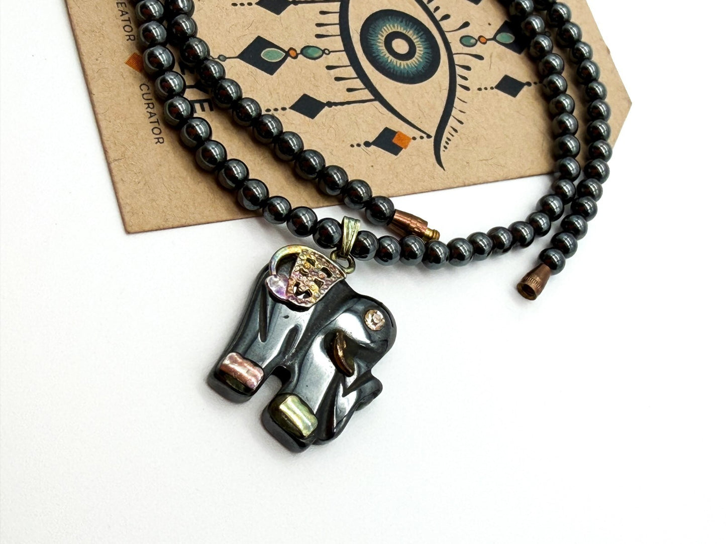 Hematite Bead Necklace with Elephant Pendant – 16.5”