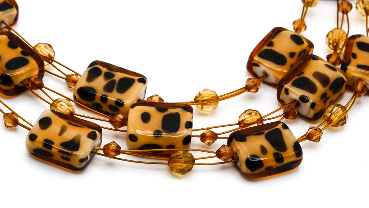 Shell-Glass Bead Necklace & Earring Set | Tortoiseshell Effect | Brass Tone