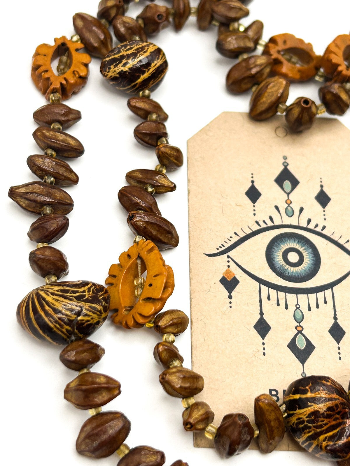 Faux Walnut & Seed Bead Necklace – 24” Vintage