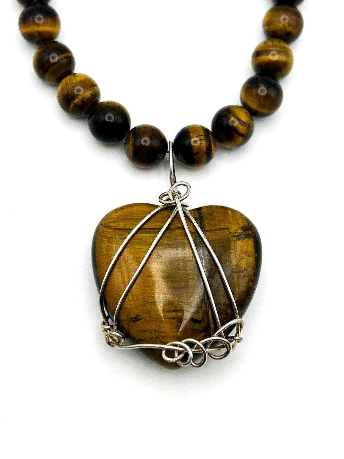 Tiger Eye Beaded Necklace Heart Pendant 925 Silver Clasp Wire Wrapped 17.5”