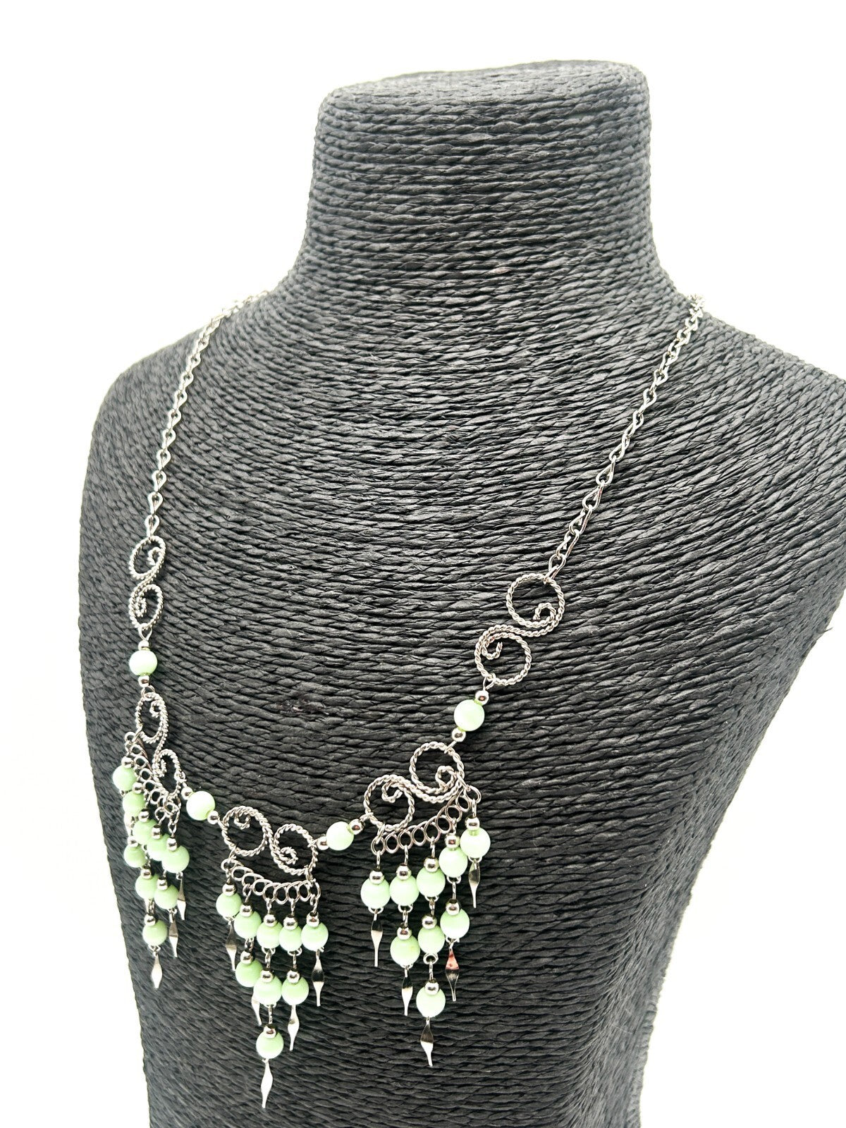 Peruvian Alpaca Pastel Green Cat's Eye Chandelier Necklace & Earrings Set Boho